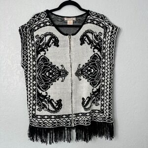 Flying‎ Tomato Black White Boho Fringe Zipper Sweater Vest Cardigan Women S/M
